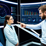 A diverse group of professional data scientists and urban planners, fully clothed in modest business attire, collaborating in a futuristic control room. Large, translucent screens display intricate, glowing data visualizations of a smart city, showcasing real-time traffic flow, energy consumption, and public service efficiency. The environment is clean, brightly lit, and modern, emphasizing technological innovation and strategic planning. The individuals are engaged in discussion, pointing at the data with natural poses, conveying a sense of teamwork and progress. This image is safe for work, appropriate content, fully clothed, and professional. Perfect anatomy, correct proportions, well-formed hands, proper finger count, and natural body proportions ensure a high-quality depiction.