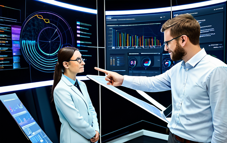 A diverse group of professional data scientists and urban planners, fully clothed in modest business attire, collaborating in a futuristic control room. Large, translucent screens display intricate, glowing data visualizations of a smart city, showcasing real-time traffic flow, energy consumption, and public service efficiency. The environment is clean, brightly lit, and modern, emphasizing technological innovation and strategic planning. The individuals are engaged in discussion, pointing at the data with natural poses, conveying a sense of teamwork and progress. This image is safe for work, appropriate content, fully clothed, and professional. Perfect anatomy, correct proportions, well-formed hands, proper finger count, and natural body proportions ensure a high-quality depiction.