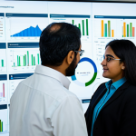 A diverse group of professional researchers, including men and women, dressed in modest business attire and smart casual professional clothing, actively collaborating around a large interactive screen in a bright, modern university research lab. The screen displays complex data visualizations and charts related to climate change patterns in the Arab region. Researchers are engaged in animated discussion, pointing at the screen, and exchanging ideas with natural poses. The atmosphere is intellectual and collaborative, captured with professional lighting. perfect anatomy, correct proportions, well-formed hands, proper finger count, natural body proportions, fully clothed, appropriate attire, safe for work, appropriate content, professional photography, high quality, family-friendly.
