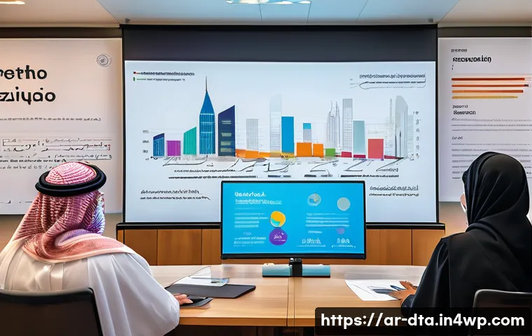 오픈 데이터와 비영리 단체의 역할 - A modern nonprofit community meeting in an Arab cultural setting, featuring diverse adults wearing m...