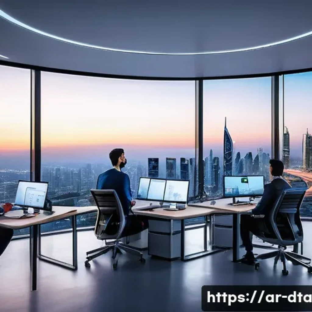 오픈 데이터 활용에 대한 전문가 인터뷰 - A modern Arab cityscape at dusk, showcasing a diverse team of young Arab entrepreneurs collaborating...