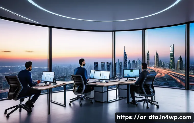 오픈 데이터 활용에 대한 전문가 인터뷰 - A modern Arab cityscape at dusk, showcasing a diverse team of young Arab entrepreneurs collaborating...