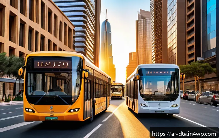 오픈 데이터 활용에 대한 글로벌 트렌드 - A vibrant, modern Middle Eastern cityscape at sunset featuring smart city technology in use: interac...