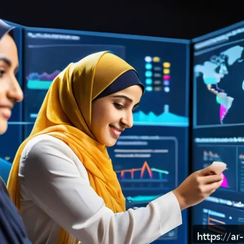 오픈 데이터와 소셜 미디어의 연계 - A modern digital workspace scene showing a diverse group of Middle Eastern professionals collaborati...